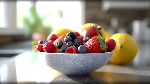 Una ciotola di frutta su un bancone