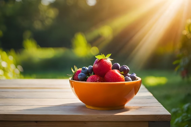 Una ciotola di frutta su un tavolo con il sole che splende dietro di essa