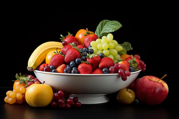 Una ciotola di frutta tra cui banane, fragole e banane.