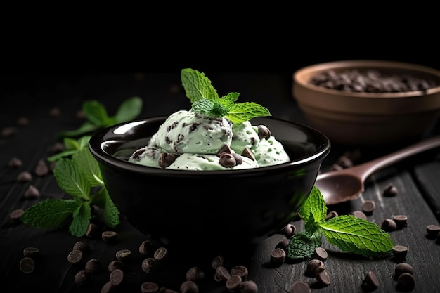 Una ciotola di gelato al cioccolato con foglie di menta su un tavolo.