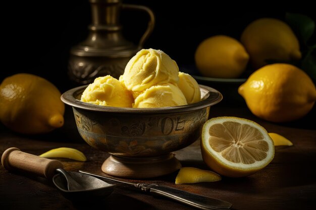 Una ciotola di gelato al limone con i limoni su un tavolo.