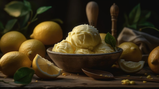 Una ciotola di gelato al limone con i limoni sul lato.