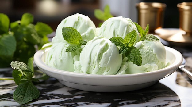 Una ciotola di gelato alla menta su una superficie di marmo bianco