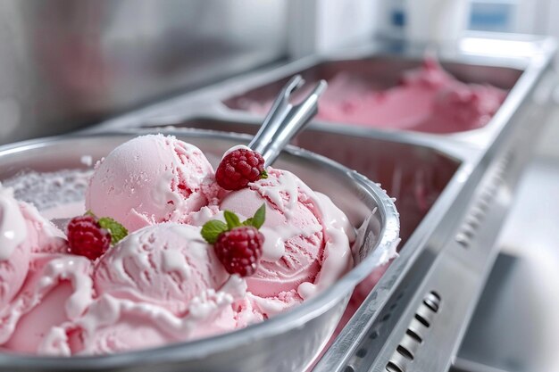 una ciotola di gelato con i lamponi e un cucchiaio