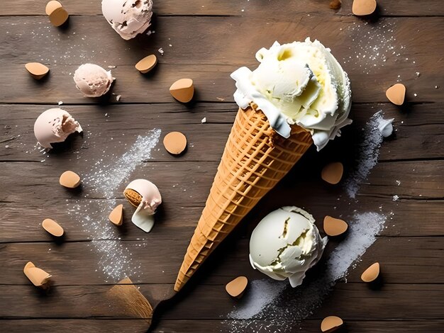 una ciotola di gelato è su un tavolo di legno