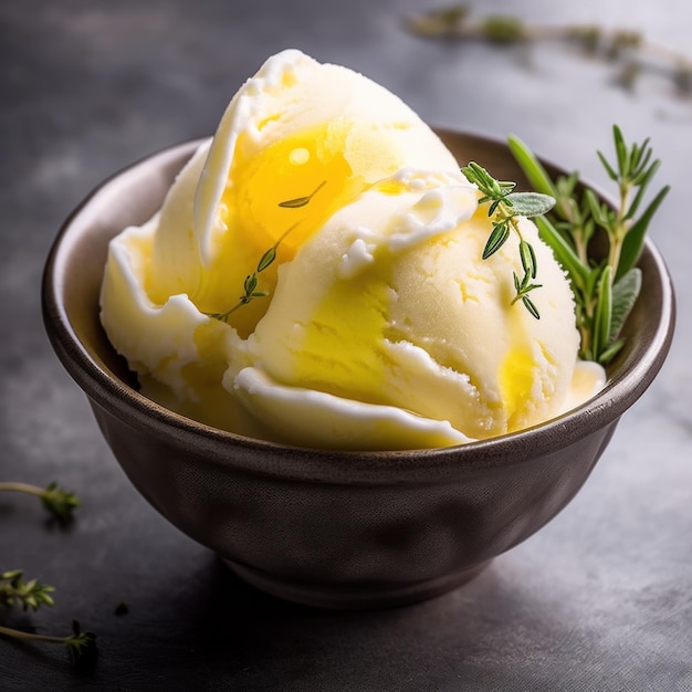 Una ciotola di gelato piccante al limone e timo Immagine AI generativa