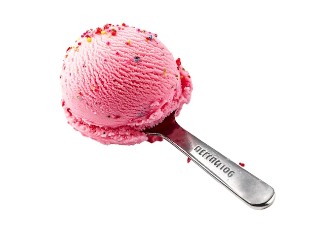 una ciotola di gelato rosa con le spruzzature su un cucchiaio