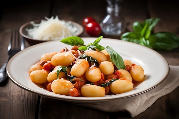 Una ciotola di gnocchi con foglie di basilico su un tavolo di legno.