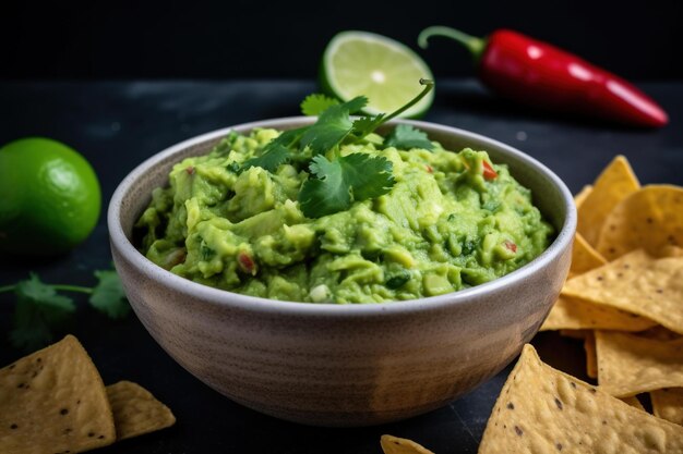 Una ciotola di guacamole con patatine su sfondo nero