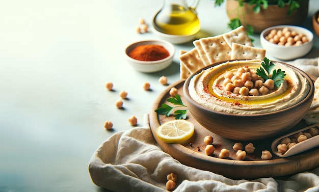 Una ciotola di hummus cremoso con olio d'oliva e patatine pita