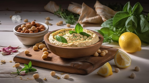 Una ciotola di hummus su un tavolo di legno chiaro con ceci al limone e basilico generato ai