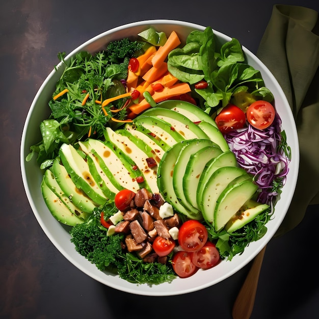 una ciotola di insalata colorata piena di verdure croccanti, verdure vivaci e ingredienti ricchi di proteine