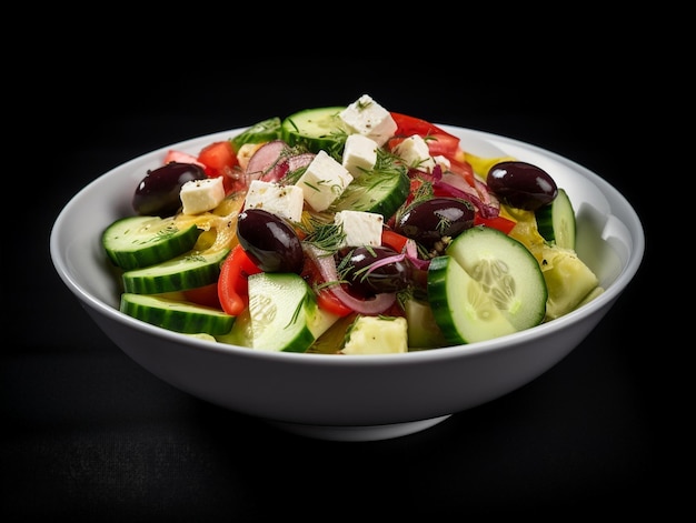 Una ciotola di insalata con cetrioli, feta e formaggio feta.