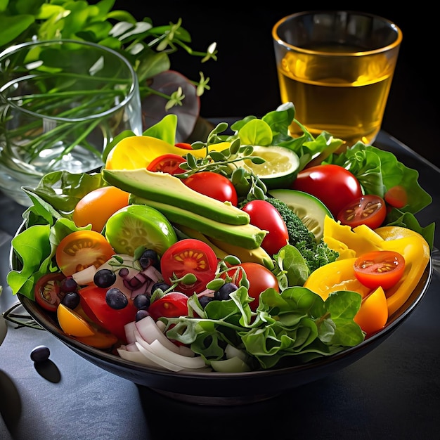 Una ciotola di insalata con dietro un bicchiere di birra.