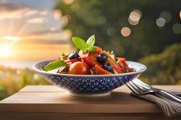 una ciotola di insalata con frutti di bosco e ciliegie su un tavolo di legno