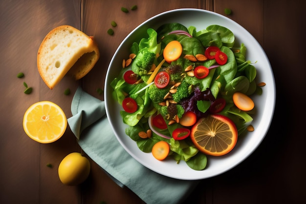 Una ciotola di insalata con pane a parte