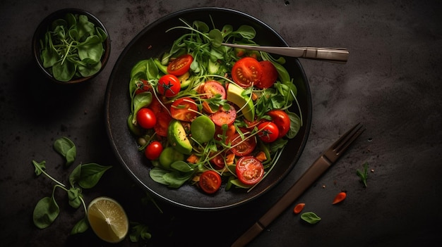 Una ciotola di insalata con pomodori, cetrioli e basilico su uno sfondo scuro