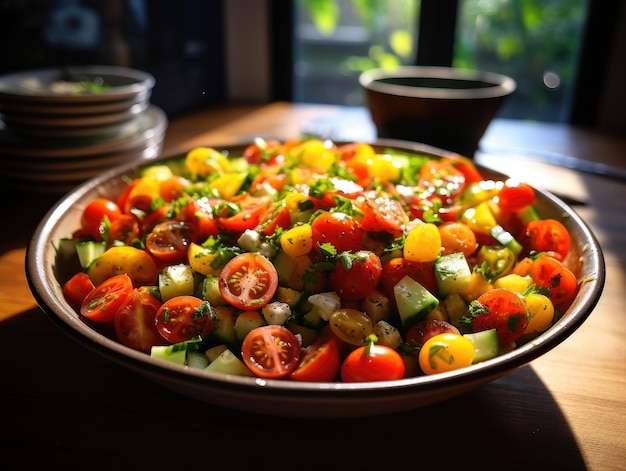 Una ciotola di insalata con pomodori e cetrioli