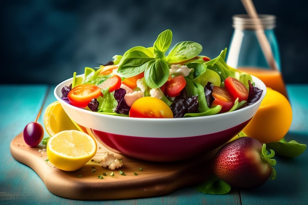 Una ciotola di insalata con un barattolo di limoni sul lato