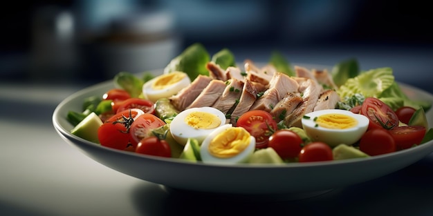 Una ciotola di insalata con un'insalata di pollo, uova e pomodori