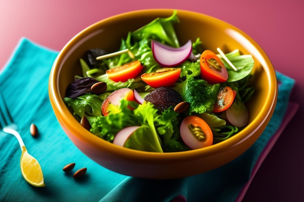 Una ciotola di insalata con un tovagliolo rosso e verde.