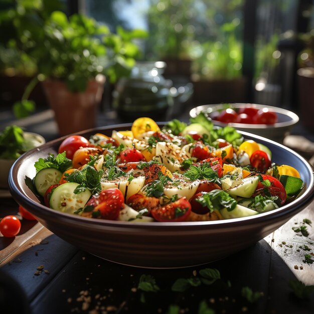 Una ciotola di insalata con una ciotola di verdure con un limone a parte.