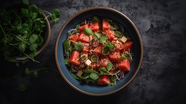 Una ciotola di insalata di anguria con avocado, coriandolo e lime.