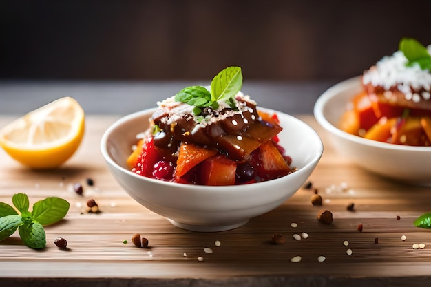 una ciotola di insalata di frutta con mandorle e fragole su una tavola di legno.