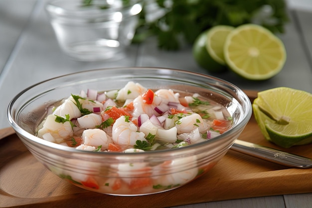 Una ciotola di insalata di gamberi con lime e lime su un tagliere di legno.