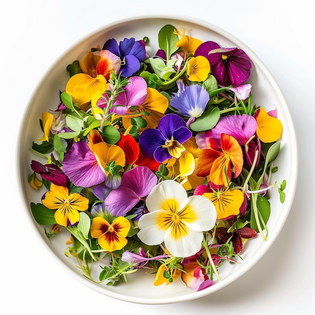 Una ciotola di insalata di petali di fiore commestibile con una pioggia di vinaigrette di limone vista superiore isolata su un trans