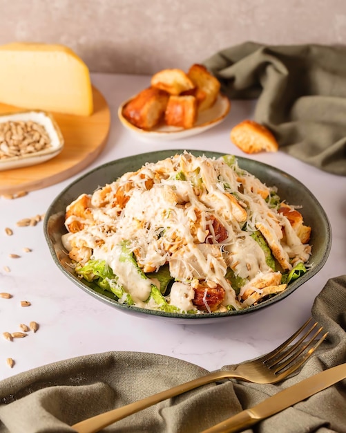 Una ciotola di insalata di pollo con un lato di pane su un tavolo.