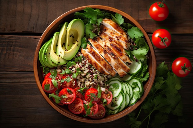 Una ciotola di insalata sana con quinoa, pomodori, pollo, avocado, lime e verdure miste, lattuga, prezzemolo.