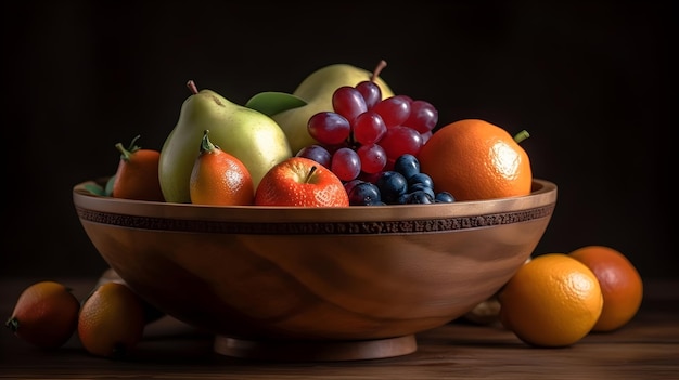 Una ciotola di legno con frutta generativa tecnologia AI