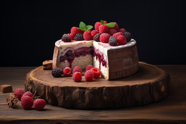 Una ciotola di legno con una deliziosa torta dolce