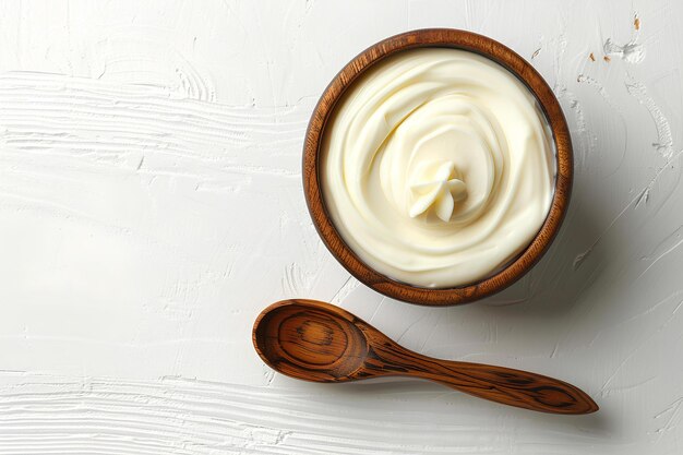 Una ciotola di legno di yogurt accanto a un cucchiaio di legno su una superficie bianca con uno sfondo bianco