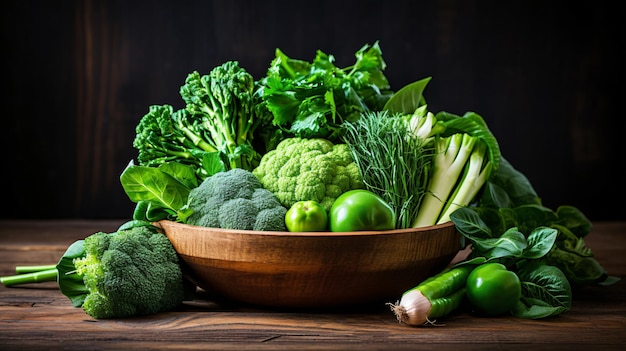 Una ciotola di legno piena di una varietà di verdure verdi fresche