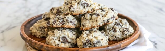 una ciotola di legno seduta su un tavolo pieno di biscotti al cioccolato americano con pezzi di cioccolata