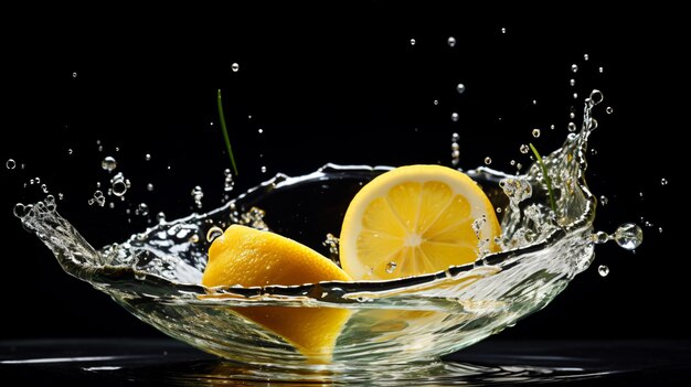 una ciotola di limoni con spruzzi d'acqua sopra