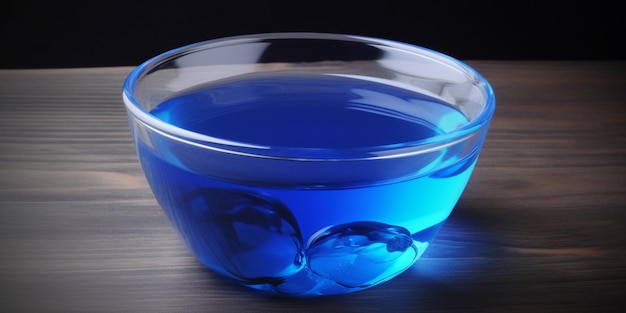 Una ciotola di liquido blu con cubetti di ghiaccio su un tavolo.