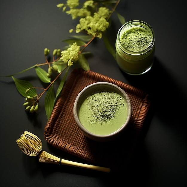 una ciotola di liquido verde accanto a due bicchieri di liquido verde.