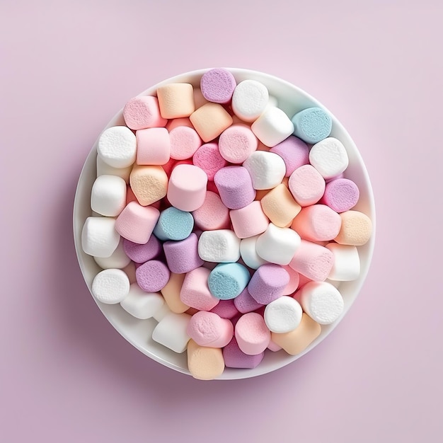 Una ciotola di marshmallow su uno sfondo rosa