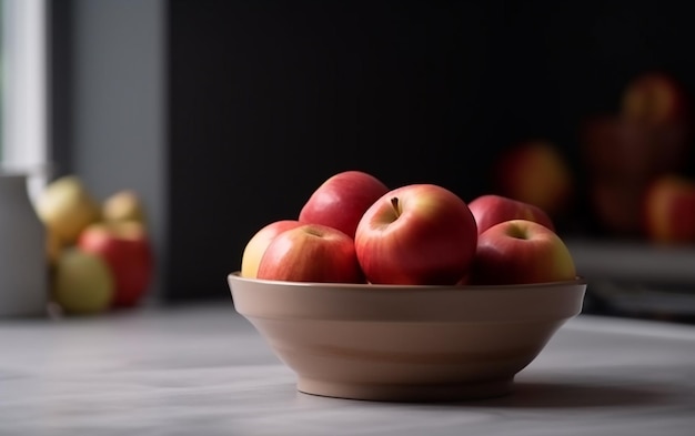 Una ciotola di mele su un tavolo con uno sfondo nero