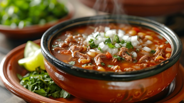 una ciotola di menudo a vapore profondo una tradizionale zuppa messicana venerata per i suoi sapori confortanti e le sue proprietà curative