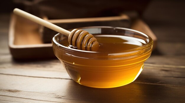 una ciotola di miele con un bastoncino