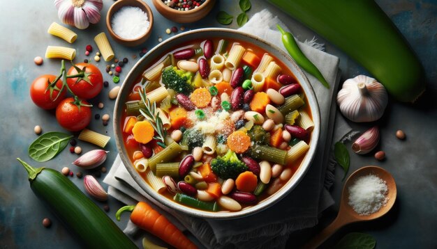 Una ciotola di Minestrone, una ricca zuppa di verdure italiana guarnita con un pizzico di parmigiano