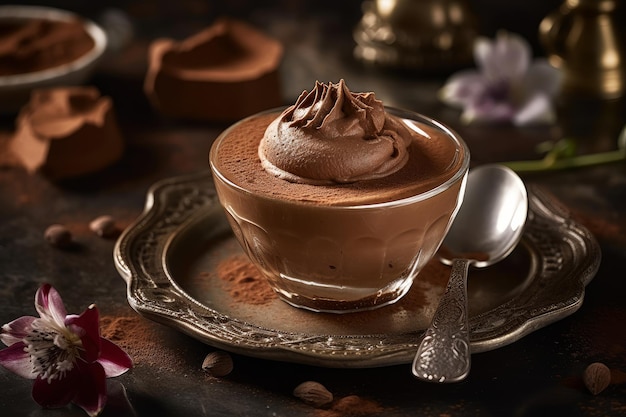 Una ciotola di mousse al cioccolato con cioccolato su un piatto con fiori sul tavolo.