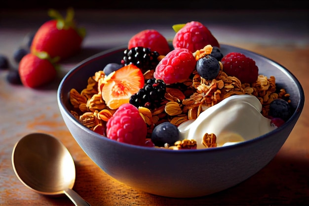 Una ciotola di muesli con frutti di bosco e yogurt