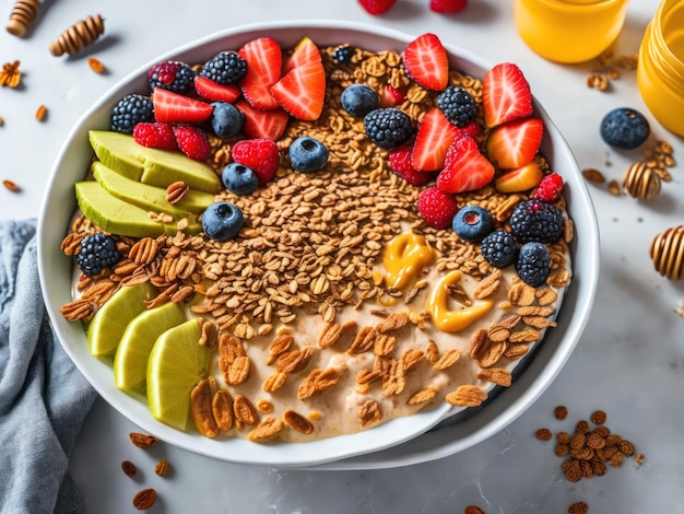 Una ciotola di muesli con sopra frutta e noci