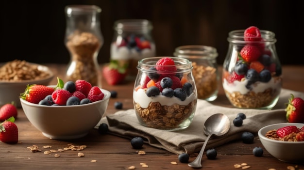 Una ciotola di muesli con yogurt e frutti di bosco sul tavolo