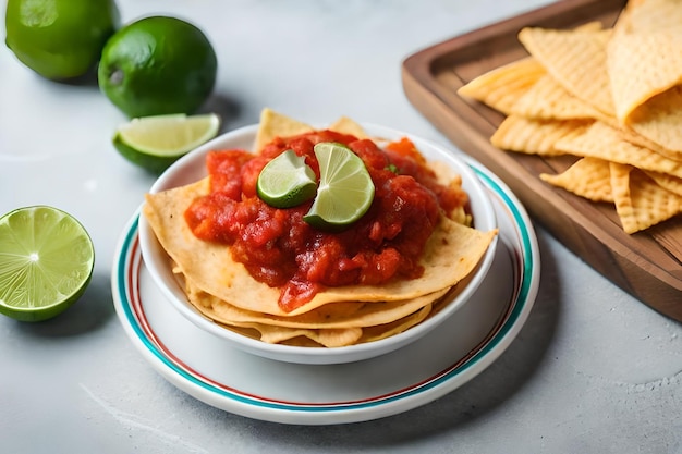 Una ciotola di nacho chips con patatine e lime.